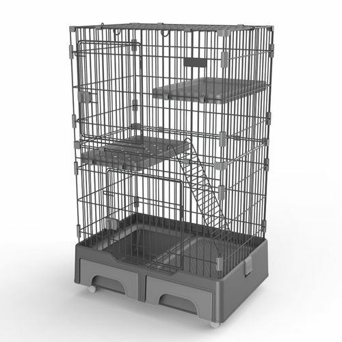 134 Cm Grey Pet 3 Level Cat Cage House With Litter Tray And Storage Box Cats