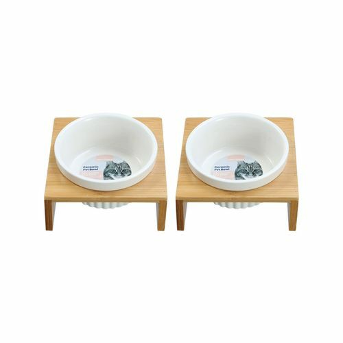 13X12Cm/300Ml Ceramic Pet Cat Bowl Bamboo Base 2X Cats