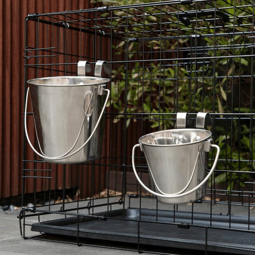 2 X 3.8L Stainless Steel Pet Parrot Feeder Bowl Water Bowls Flat Sided Bucket With Riveted Hooks Cats