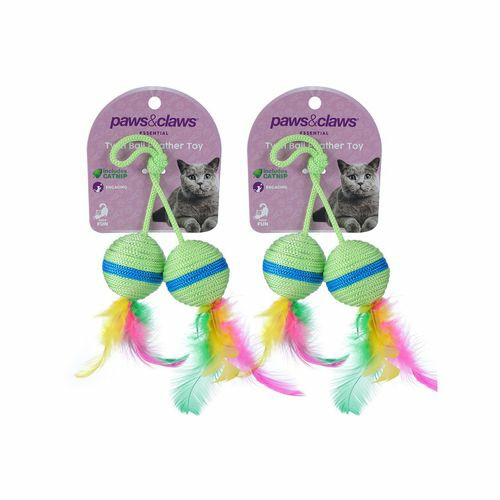 20Cm Twin Ball & Feather Catnip Toy – Assorted – 2X Cats