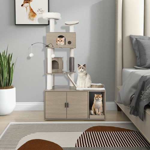 2In1 Cat Tree Tower Kitty Condo House Pet Litter Box Enclosure – Grey Beds