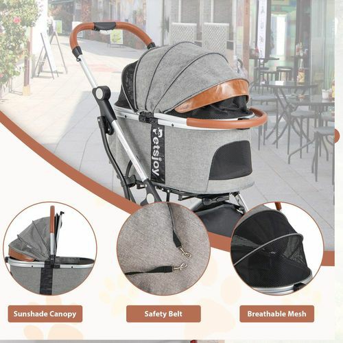 3In1 Pet Stroller Foldable Dog Cat Carrier 4 Wheel W/Waterproof Cover & Telescopic Handle – Grey Carriers And Travel Supplies