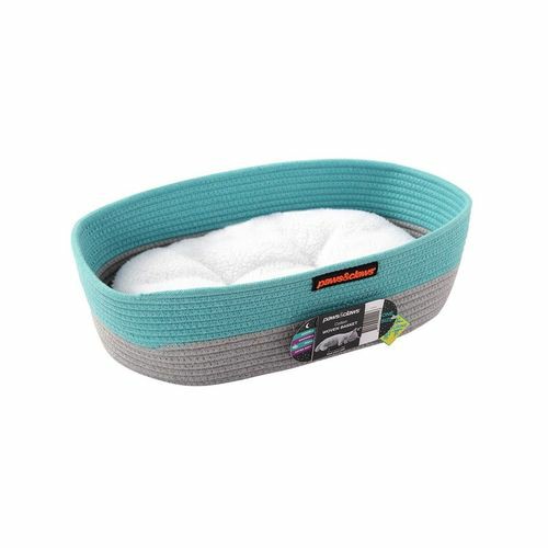 40X32X13Cm Cotton Woven Basket Cat Bed W/ Cushion Teal – Grey Beds