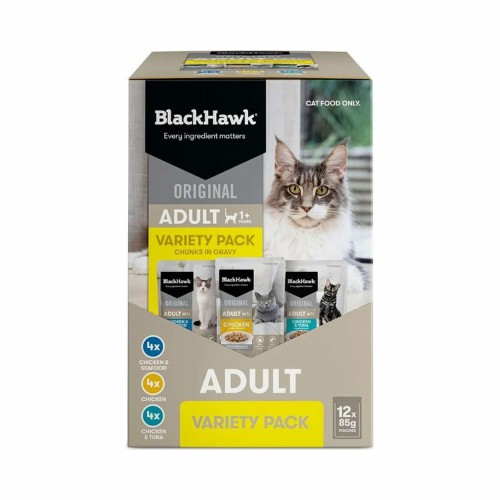 Black Hawk – Original Adult Pouches Chunks In Gravy Wet Cat Food Variety Pack 12 X 85G Cats