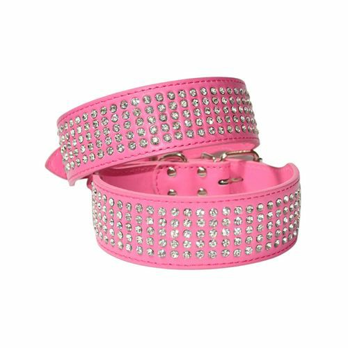 Dog Leather Collar Five Row Blingbling Rhinestones Diamante Collar Hotpink – Large Dogs