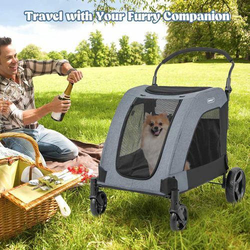 Foldable Pet Stroller Dog Cat Carrier Cage Extra Large Pet Pram Travel Cart – Grey Carriers And Travel Supplies