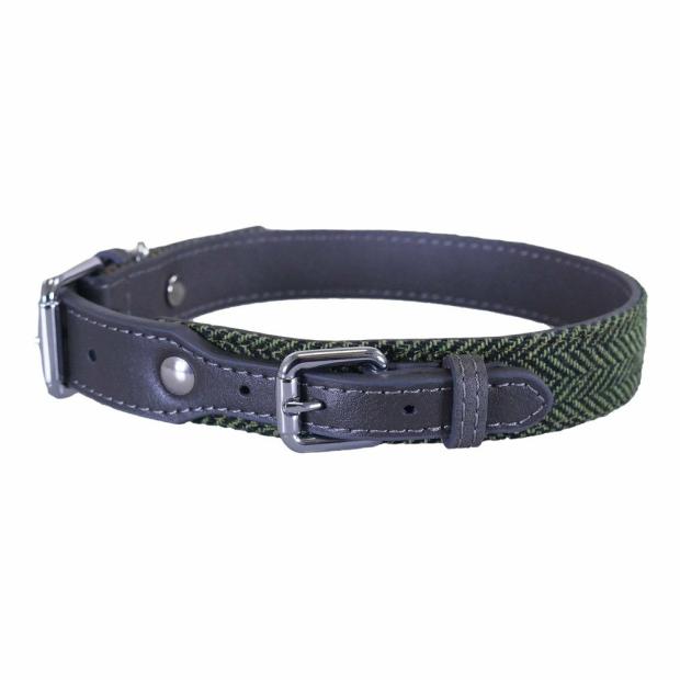 Forest Herringbone/Grey Leather Collar Dogs