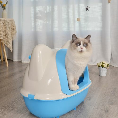 Large Hooded Cat Toilet Litter Box Tray House With Scoop – Blue Cats