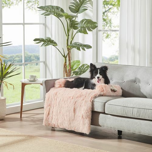 Shaggy Faux Fur Bolster Sofa Protector Calming Dog Bed Soft – Beige – Large Beds